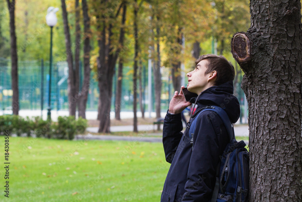Portrait of Tenager guy with a smartphone talking phone. Park outdoor. Portrait of Tenager guy with a smartphone talking phone. Park outdoor.