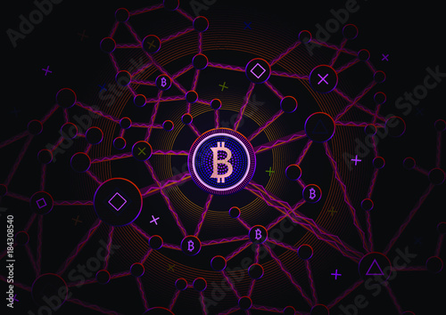Bitcoin security business background. Bitcoin crypto mining data visualization. Business wallet scheme, security currency exchange, vector model. Crypto virtual payment finance. Gold money trading