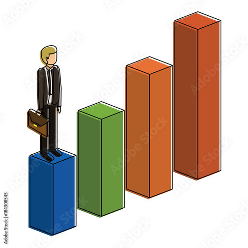 frustrated businessman with briefcase standing on a graph isometric vector illustration