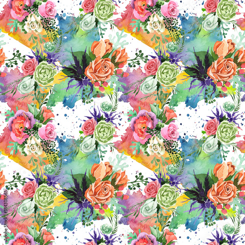 Bouquet flower pattern in a watercolor style. Full name of the plant  rosa  hulthemia. Aquarelle wild flower for background  texture  wrapper pattern  frame or border.