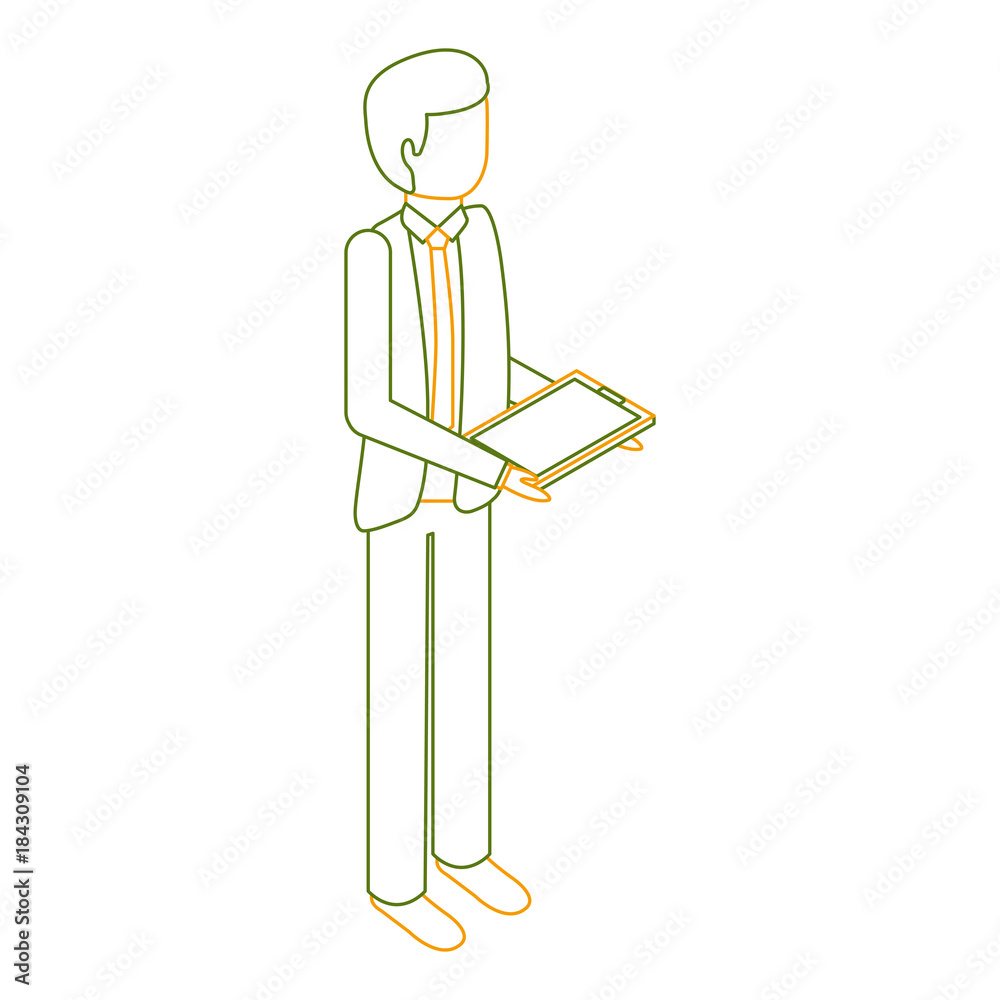 businessman stand holding tablet device vector illustration outline color