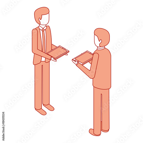 businessmen standing holding device technology isometric vector illustration pink design