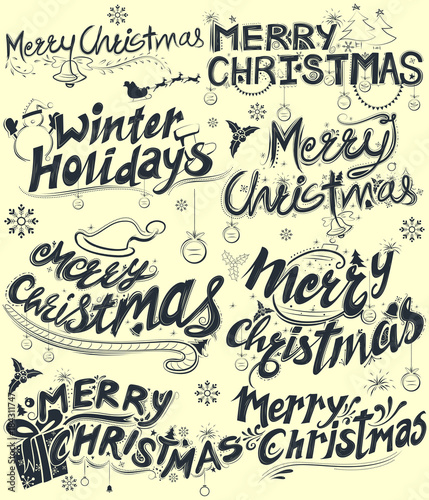 Merry Christmas and Winter Holiday Lettering Design Set typography style greeting background