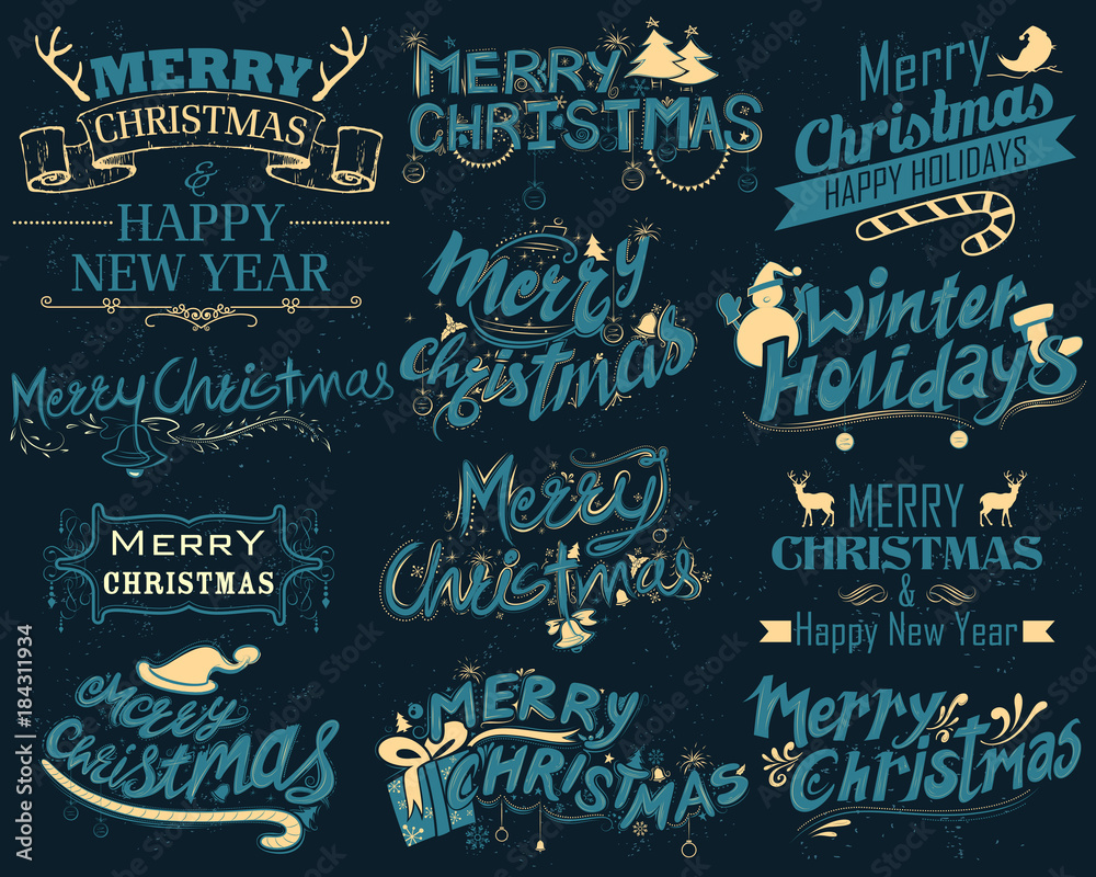 Merry Christmas and Winter Holiday Lettering Design Set typography style greeting background Merry Christmas and Winter Holiday Lettering Design Set typography style greeting background