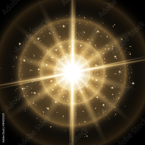 Light circle with waves of light and stardust, golden color