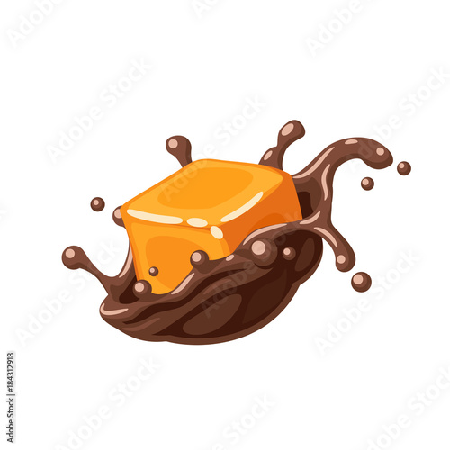 Colorful candy design. Caramel in chocolate splash burst. Vector illustration cartoon flat icon isolated on white.