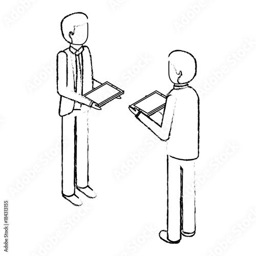 businessmen standing holding device technology isometric vector illustration sketck