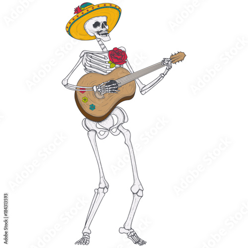 Male skeleton in yellow Mexican sombrero plays the guitar, vector illustration isolated on white background. Mexican holiday Day of the Dead, Dia de los Muertos. Print, sketch