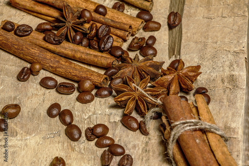 Cinnamon and coffee beans,anise stars - a mixture of spices