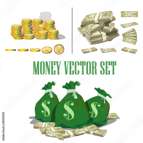 set of vector illustration coins, paper money, dollars and money bags
