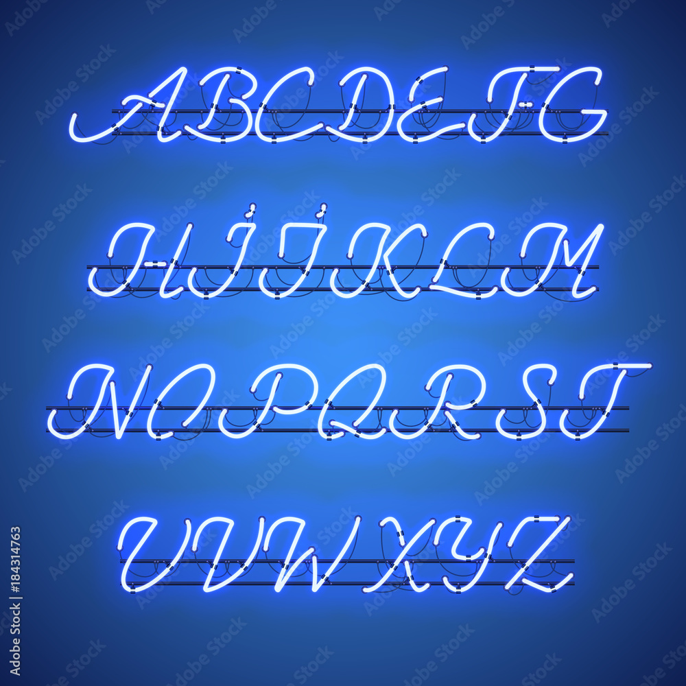 Glowing Blue Neon Script Font with uppercase letters from A to Z with wires, tubes, brackets and holders. Shining and glowing neon effect. Vector illustration.