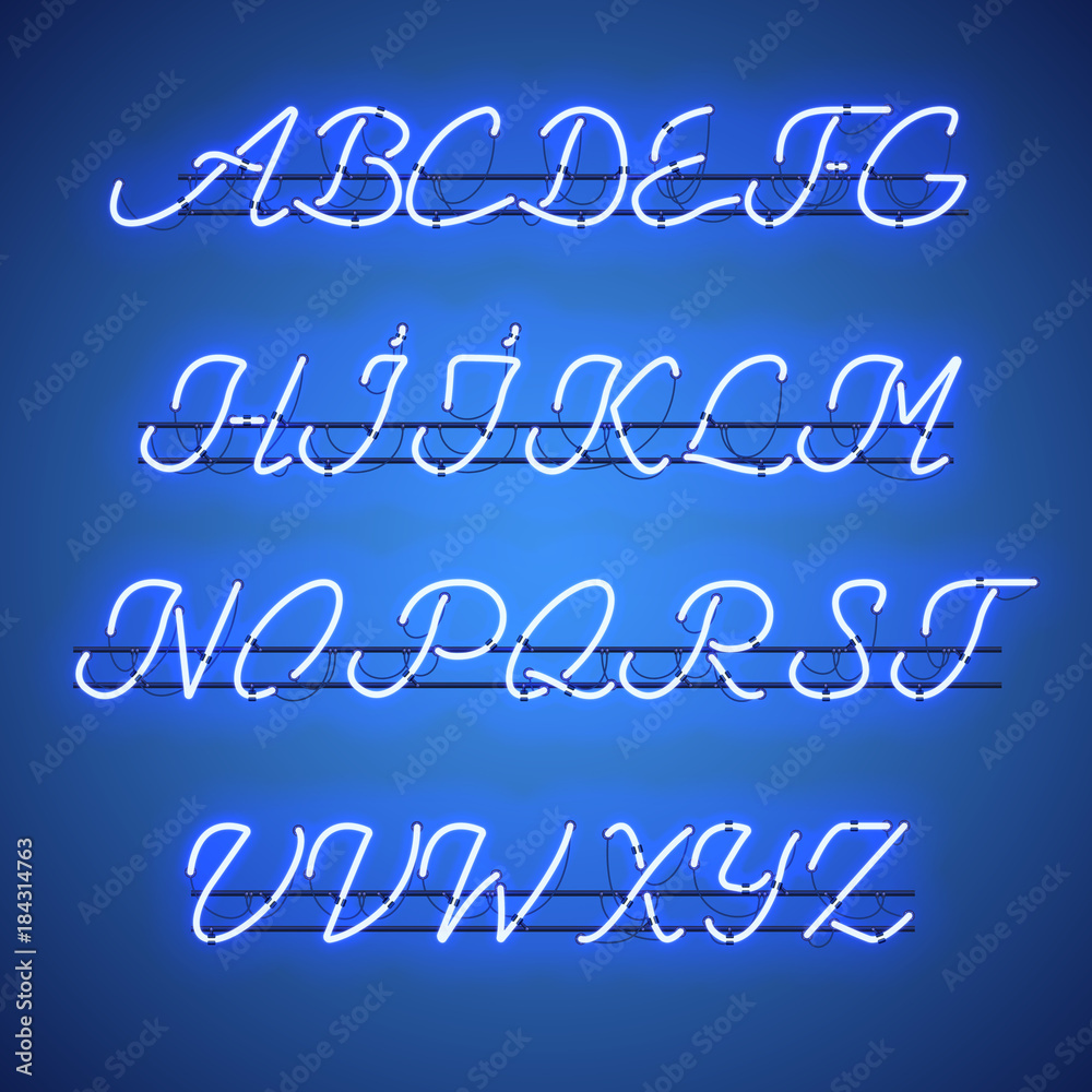 Glowing neon script alphabet. Neon font with uppercase and