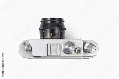 Old camera isolated on white background, top view