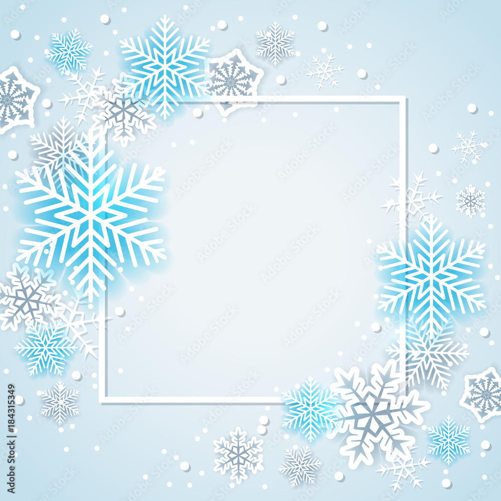 White and blue snowflakes in frame White and blue snowflakes in frame