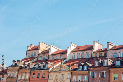 View of the old buildings roofs in the Old town in Warsaw, Poland