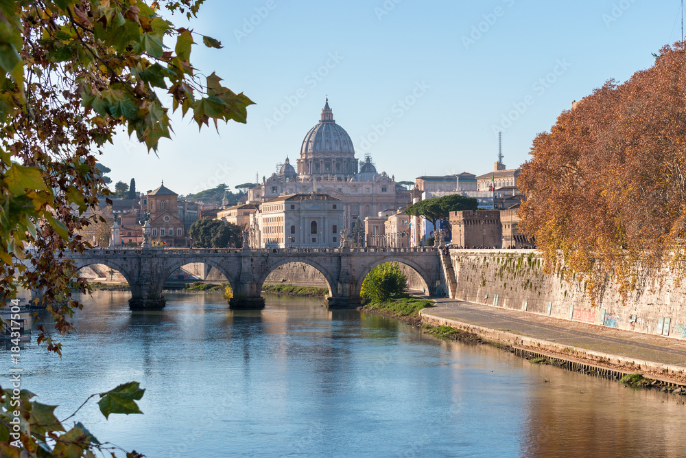 View at Tiber and St. Peter's cathedral in Vatican. Rome. Italy