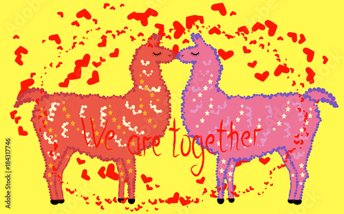Two lovers  kissing llamas surrounded by hearts. Love is in the air. The inscription We are together  postcard  Valentine s day