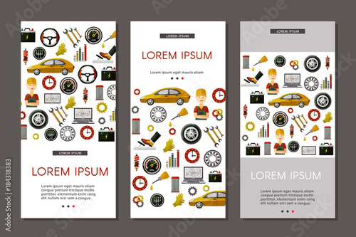 vector flat poster set with car service symbols patterns. Man professional mechanis, car parts repairing process, tools, equipment and laptop with growing performance graph. Illustration isolated