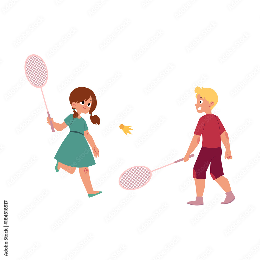 vector flat cartoon caucasian teen children at summer camp concept. Girl  and boy playing badminton, shuttlecock holding rackets. Isolated  illustration on a white background. Stock Vector | Adobe Stock