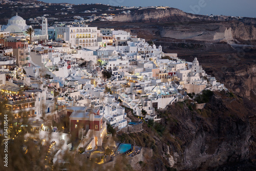 Sunset view of Fira town on Santorini in Greece