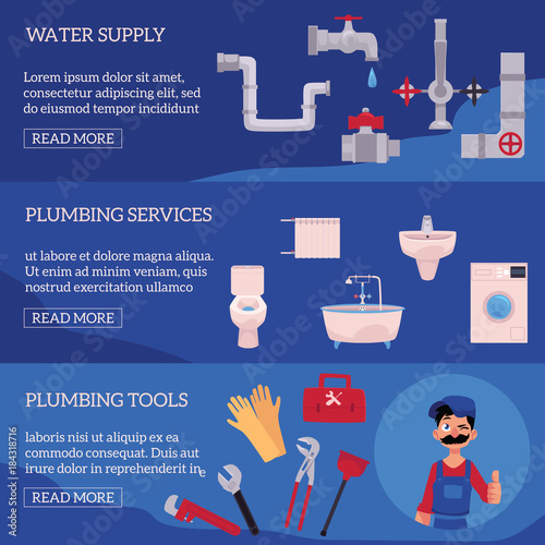 vector plumbing concept infographic posters set. man blumber in uniform and mustache holding case with tools thumbs up, winking, water valve, plunger, pipe, monkey wrench, domestic blumbing.