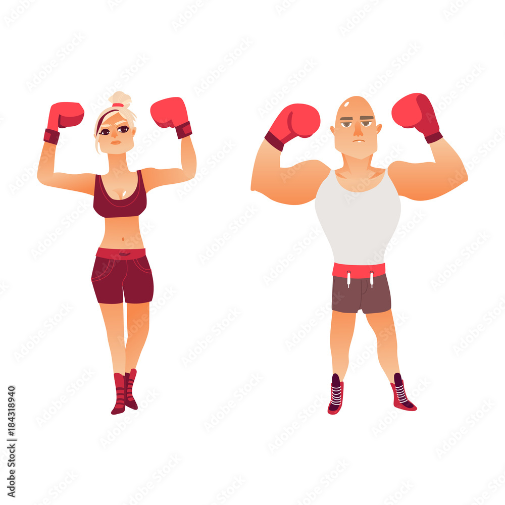 Couple of young Caucasian boxers, man and woman, raising arms in boxing gloves, flat vector illustration isolated on white background. Front view portrait of man and woman in boxing uniform, boxers Couple of young Caucasian boxers, man and woman, raising arms in boxing gloves, flat vector illustration isolated on white background. Front view portrait of man and woman in boxing uniform, boxers