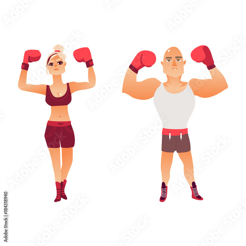 Couple of young Caucasian boxers, man and woman, raising arms in boxing gloves, flat vector illustration isolated on white background. Front view portrait of man and woman in boxing uniform, boxers © sabelskaya