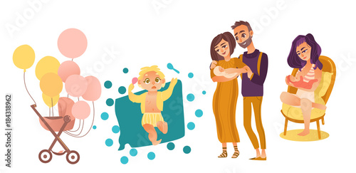 vector flat cartoon newborn baby symbols set. Couple with baby, nursing, breast feeding mother, stroller with air balloons and boy and girl toddlers. Isolated illustration on a white background.