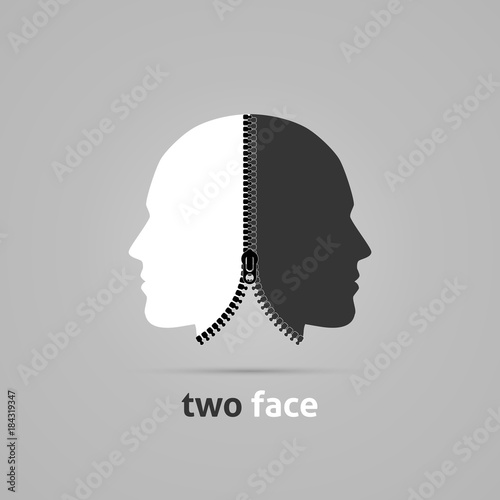 Two faced head. Creative concept with zipper. Vector