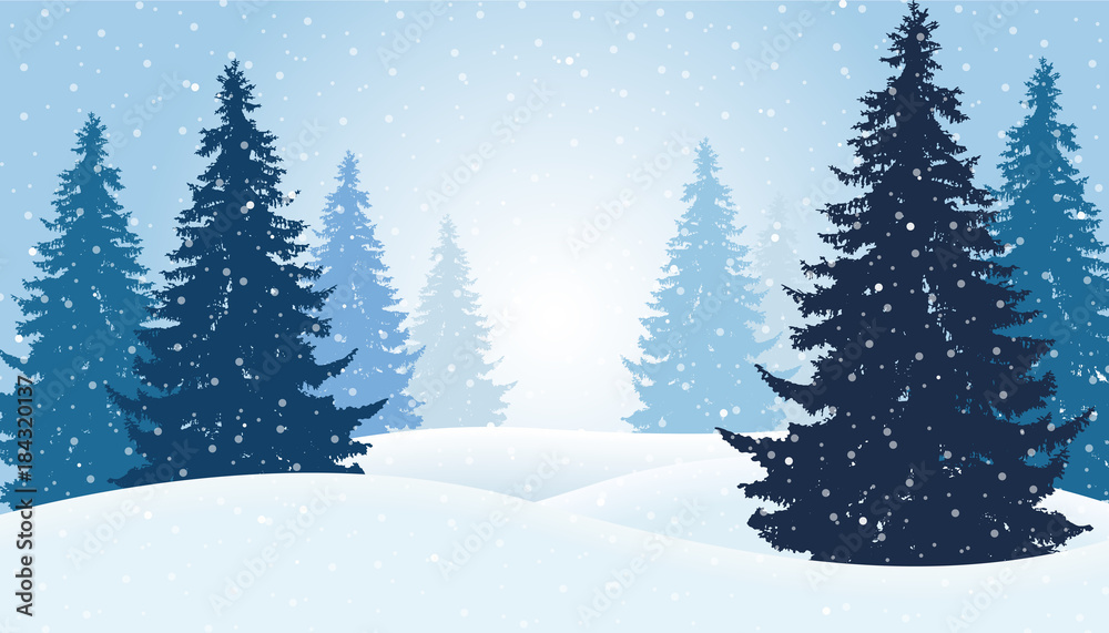 Vector illustration of winter forest with snow and mist, suitable as Christmas card