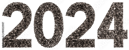 Numeral 2024 from black a natural charcoal, isolated on white background