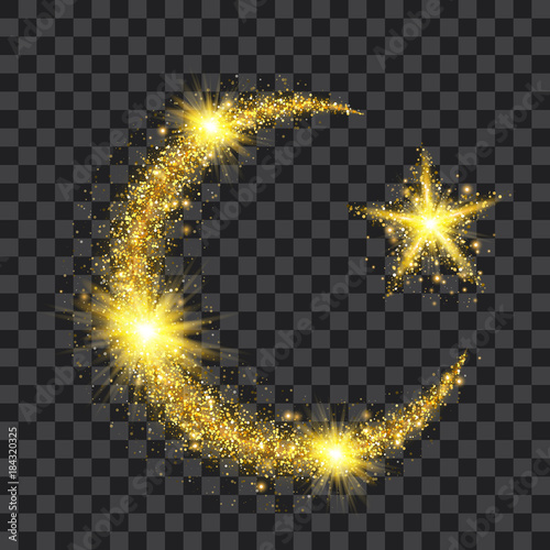 Golden particles wave in form of islam symbols crescent and star with bright shining and glowind particles isolated on transparent background. Glitter bright trail, glowing wave vector illustration
