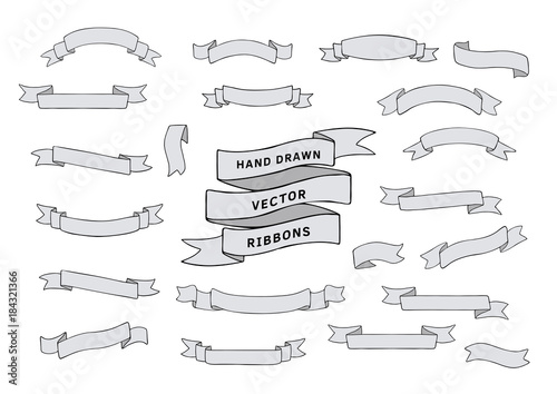 Ribbons hand drawn. Vector ribbon banners set gray and black colors isolated on white background.
