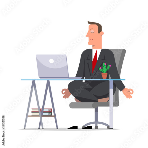 Businessman or clerk in a black suit meditating in office sitting in lotus pose, he is relaxed.