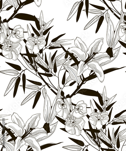 Vector Seamless Pattern with Drawn Flowers and Leaves