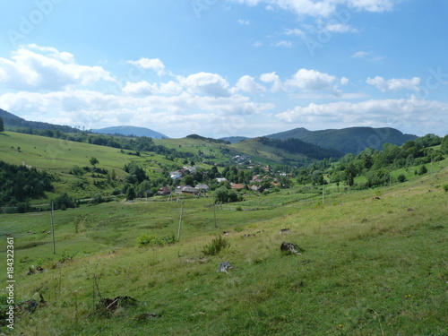 The landscape of the mountain village Volovets, surrounded by the Carpathian Mountains.