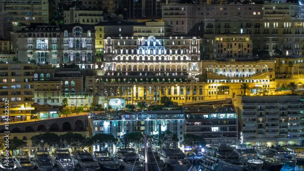 Panorama of Monte Carlo timelapse at night from the observation deck in the village of Monaco with Port Hercules Panorama of Monte Carlo timelapse at night from the observation deck in the village of Monaco with Port Hercules