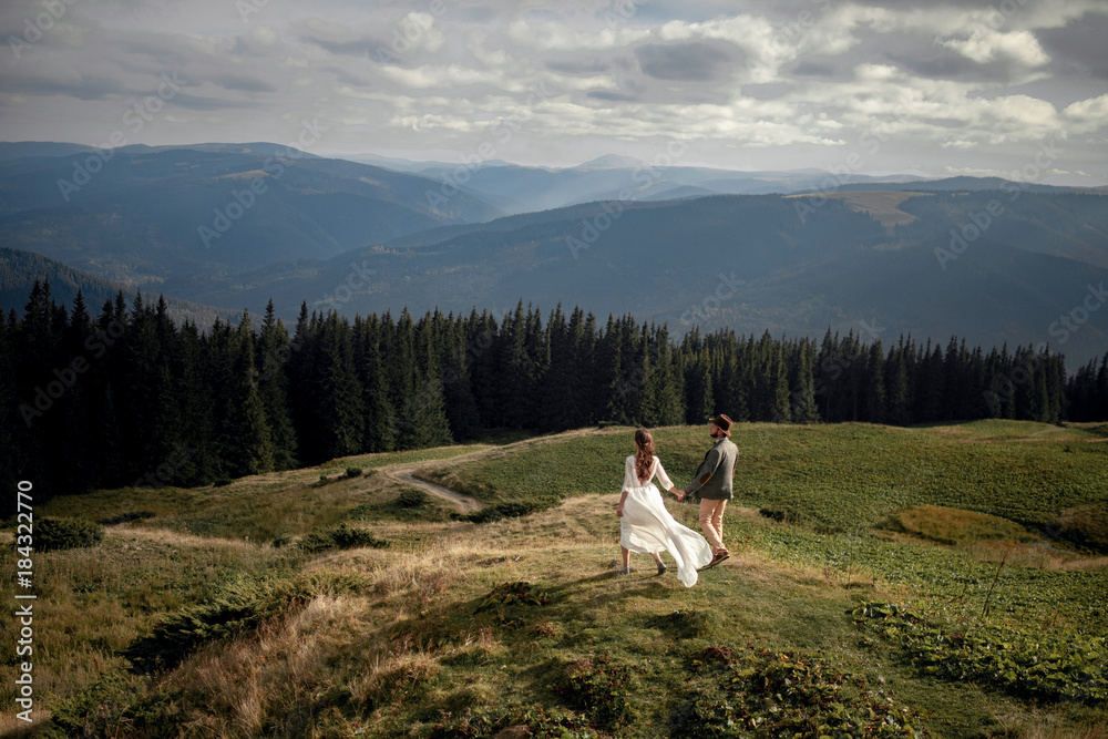 Newlyweds walk against background of scenic landscape in Carpathian mountains. Back view. Newlyweds walk against background of scenic landscape in Carpathian mountains. Back view.