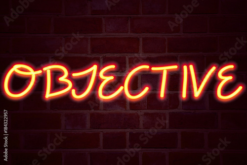 Objective neon sign on brick wall background. Fluorescent Neon tube Sign on brickwork Business concept for Unbiased Neutral Detached Factual Judicial 3D rendered