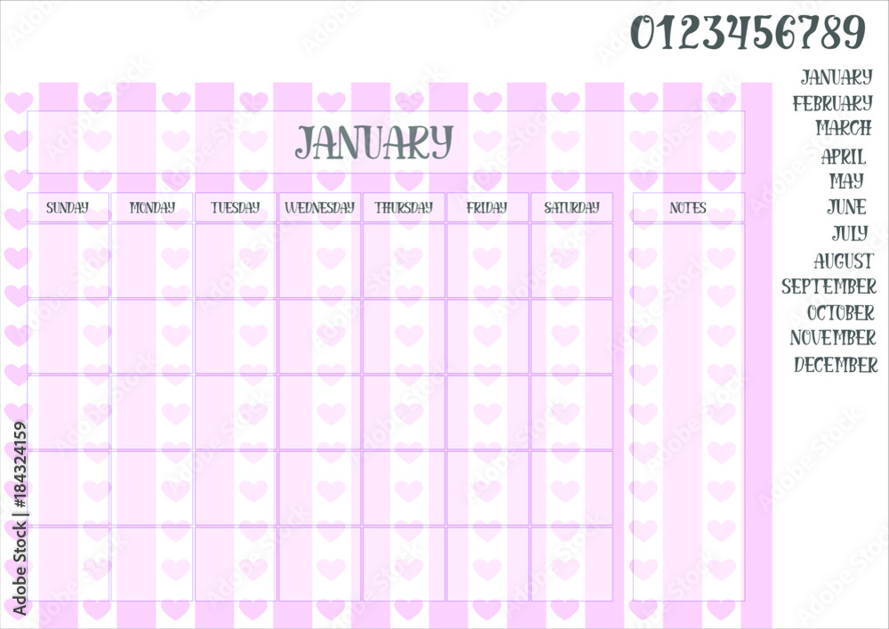 Monthly planner on a violet striped background with hearts