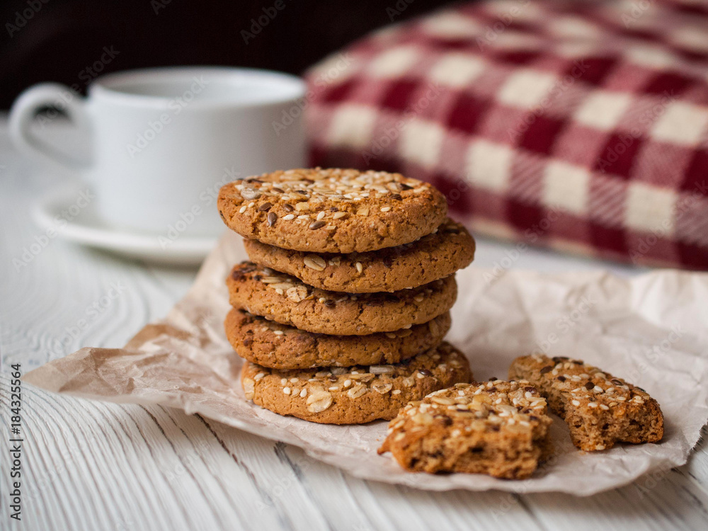 oatmeal cookies closeup, morning breakfast, still life with biscuits and coffee oatmeal cookies closeup, morning breakfast, still life with biscuits and coffee