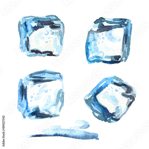 Ice cubes isolated on white background set. Watercolor hand drawn illustration