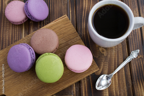 Breakfast with colorful macaroons and coffee.View from above.