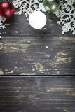 Christmas Holiday Ornaments on a Dark Wood Background.