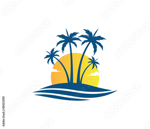 Fototapeta Naklejka Na Ścianę i Meble -  sun beach ocean wave palm coconut tree vector logo design