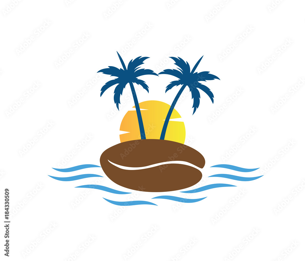 Obraz premium sun beach ocean wave palm coconut tree vector logo design