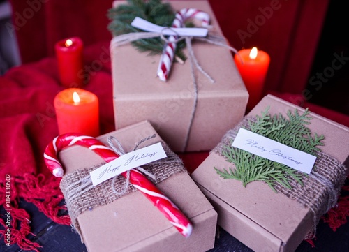 Decorated Christmas Present in the Cardboard Box