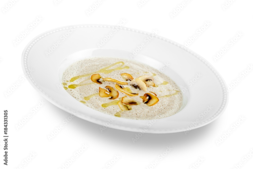 Mushroom cream soup on a table, food Mushroom cream soup on a table, food