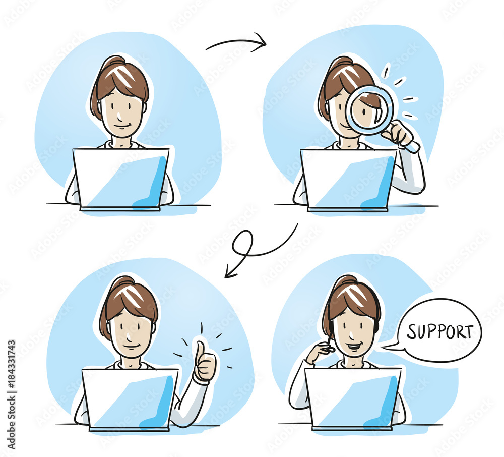 Modern business woman looking happy, working on her laptop, verifying, checking and talking on the phone. Hand drawn cartoon sketch vector illustration, whiteboard marker style coloring. Modern business woman looking happy, working on her laptop, verifying, checking and talking on the phone. Hand drawn cartoon sketch vector illustration, whiteboard marker style coloring.