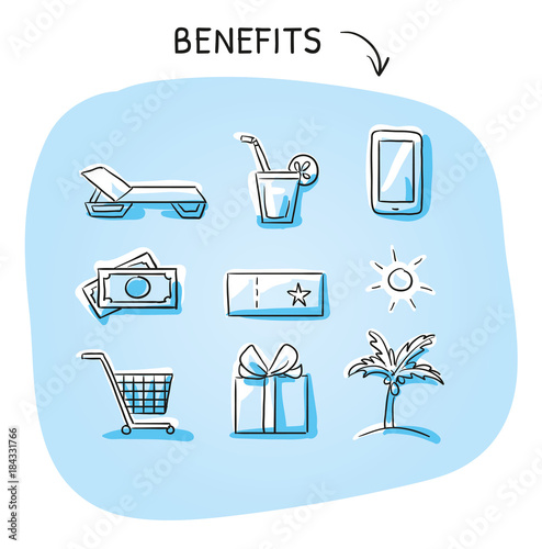 Set with benefits and bonus reward icons, holiday and shopping voucher, money bills, gift, phone, palm, cart. Hand drawn sketch vector illustration, blue marker style coloring on plain background.